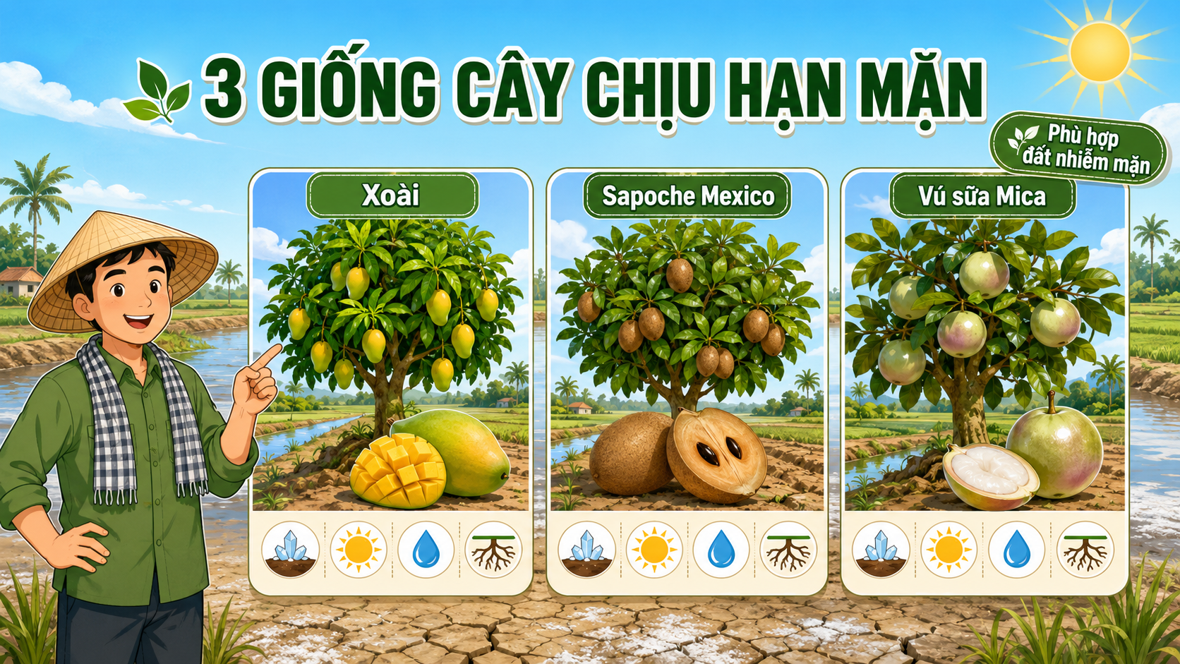 3 giống cây chịu hạn mặn: Xoài, Sapoche Mexico, Vú sữa Mica phù hợp đất nhiễm mặn