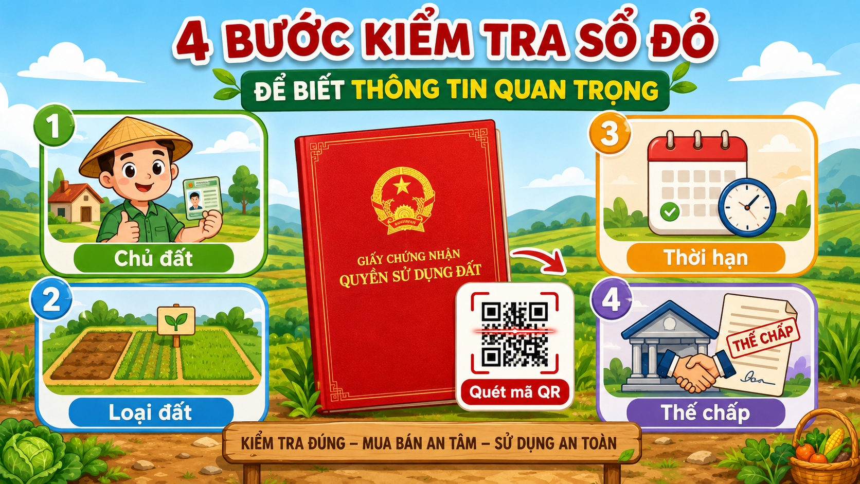 Infographic 4 bước kiểm tra sổ đỏ đất nông nghiệp: chủ đất, loại đất, thời hạn, thế chấp