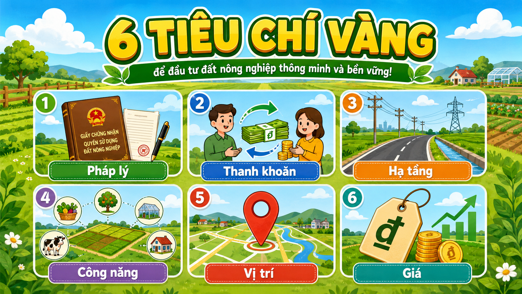 Infographic 6 tiêu chí vàng để đầu tư đất nông nghiệp: pháp lý, thanh khoản, hạ tầng, công năng, vị trí, giá