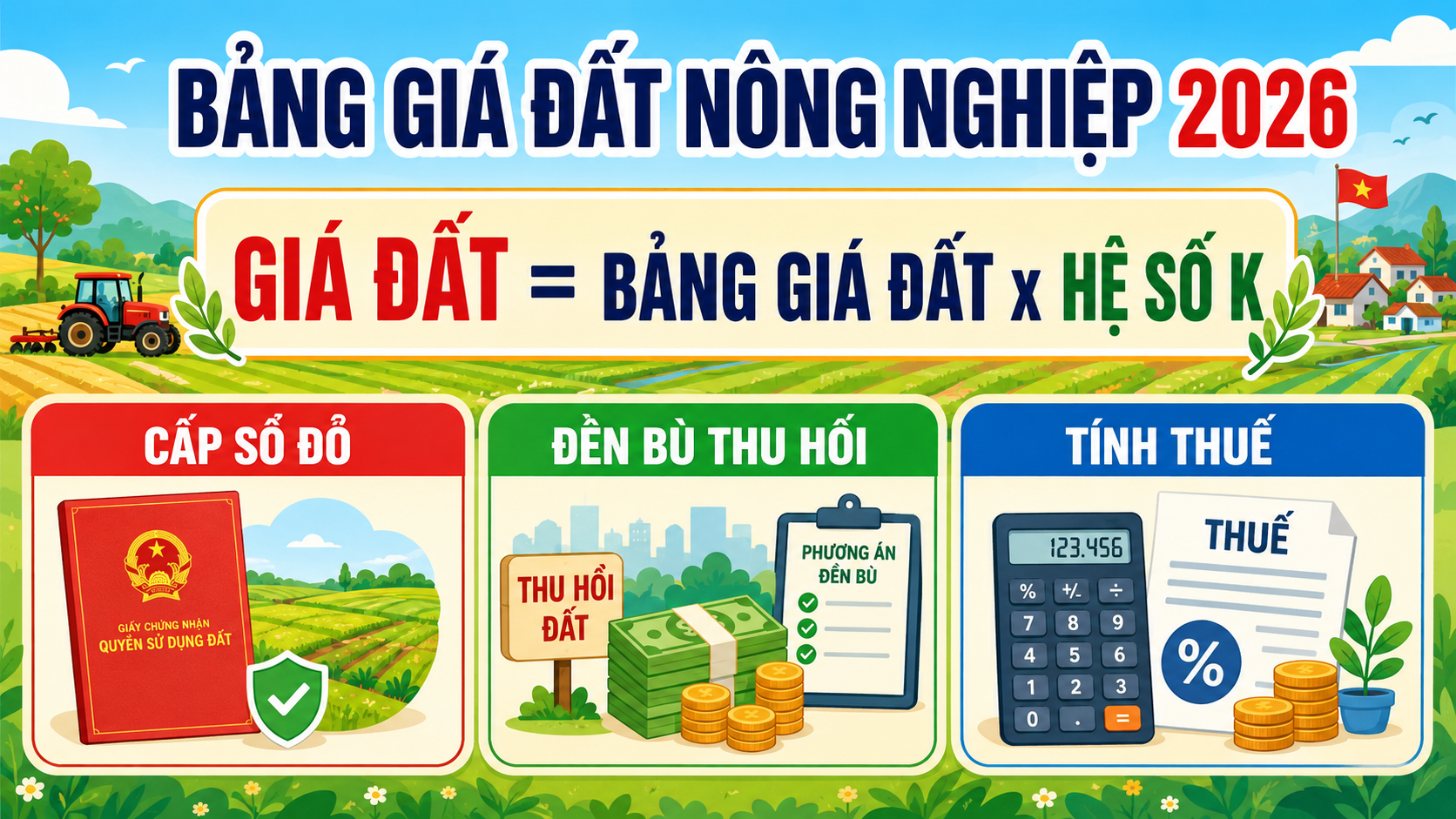 Infographic công thức tính giá đất nông nghiệp 2026 theo hệ số K