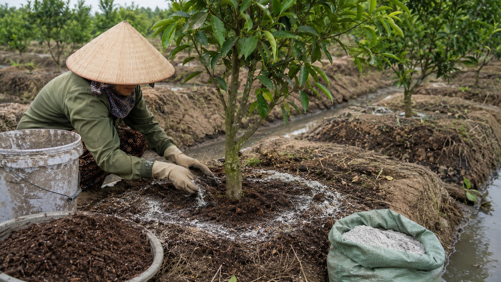 Nông dân rải vôi cải tạo đất nông nghiệp nhiễm phèn quanh gốc cây trên mô đất