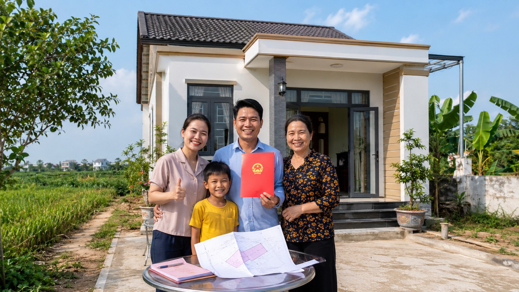 Gia đình vui mừng nhận sổ đỏ cho nhà ở xây trên đất nông nghiệp