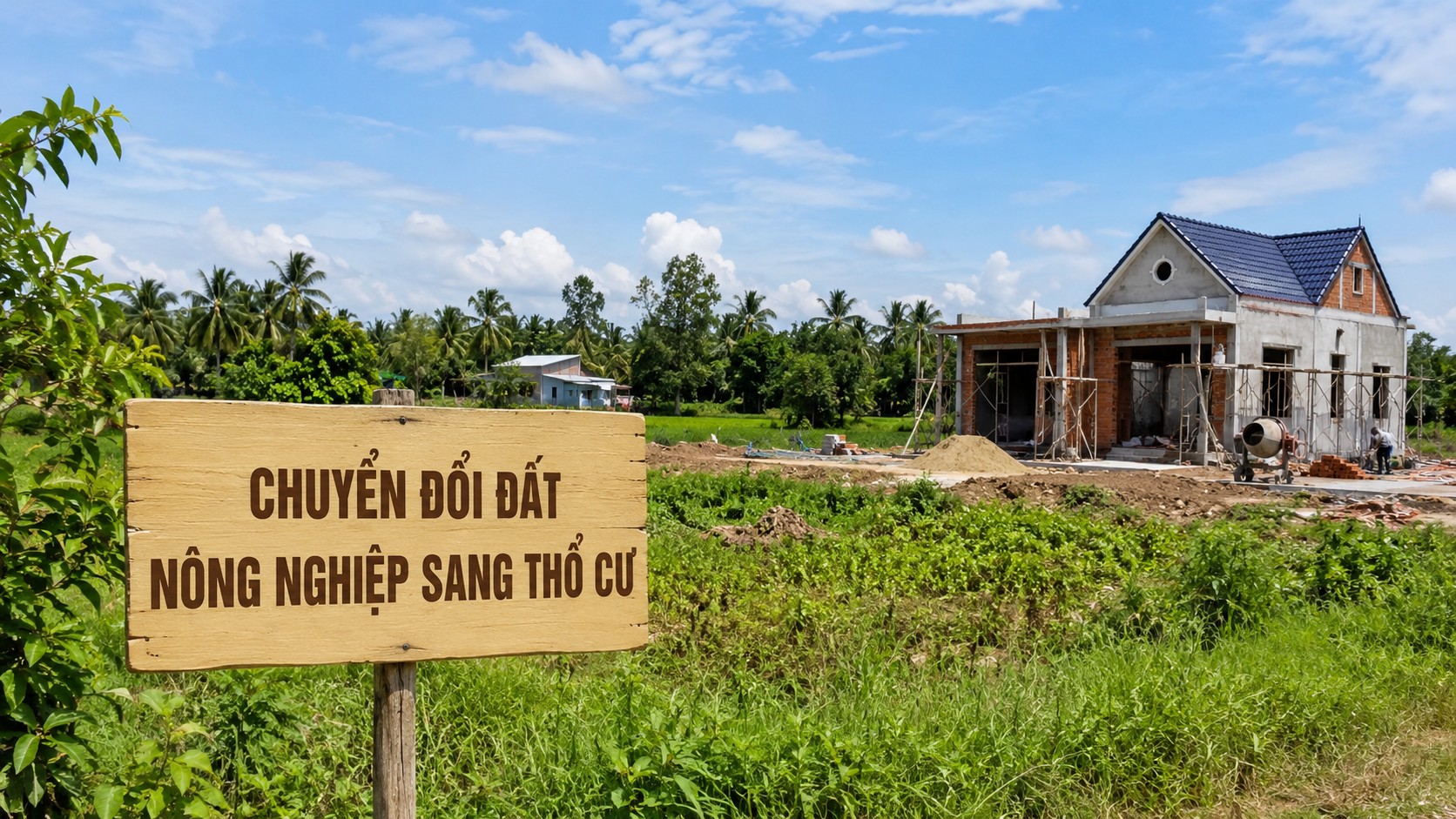 Chuyển đổi đất nông nghiệp sang thổ cư - biển báo tại thửa đất đang xây nhà