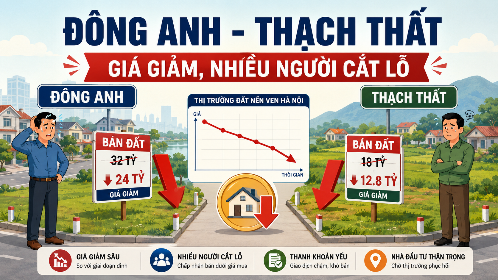 Infographic giá đất nền Đông Anh Thạch Thất giảm sâu, nhiều người cắt lỗ
