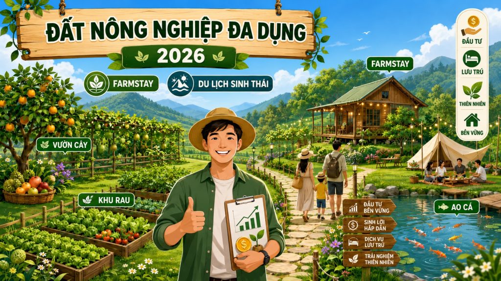 Sơ đồ mô hình đất nông nghiệp đa dụng 2026 kết hợp farmstay và du lịch sinh thái