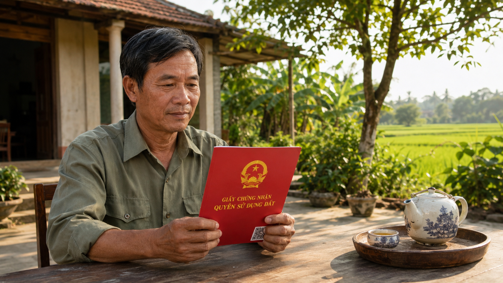 Nông dân đọc sổ đỏ đất nông nghiệp theo Luật Đất đai 2024