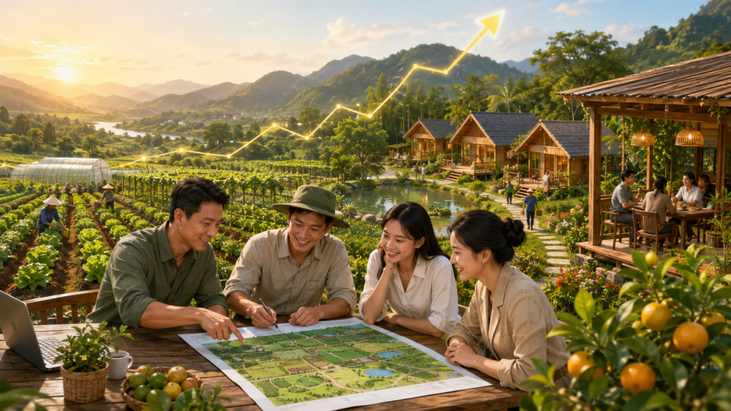Gia đình bàn kế hoạch đầu tư đất nông nghiệp làm farmstay để mượn lực làm giàu