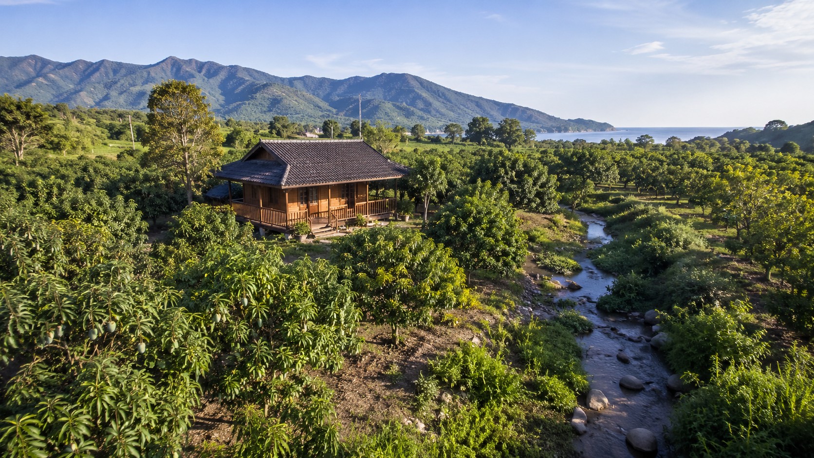 Đất nông nghiệp Khánh Hòa làm farmstay với nhà gỗ, vườn xoài, suối và view biển