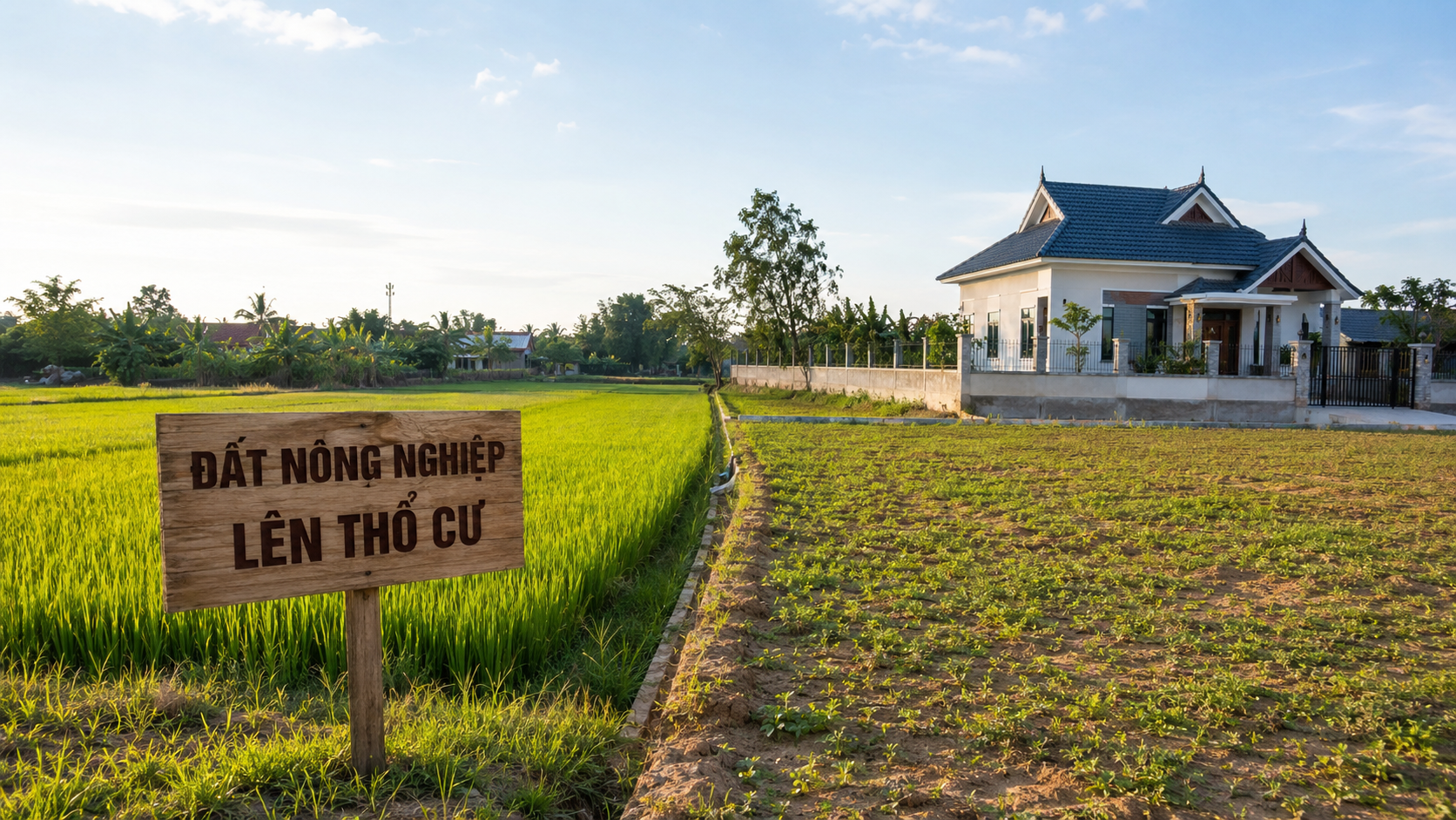 Đất nông nghiệp lên thổ cư: thửa ruộng và nhà mái Thái mới xây ở vùng quê