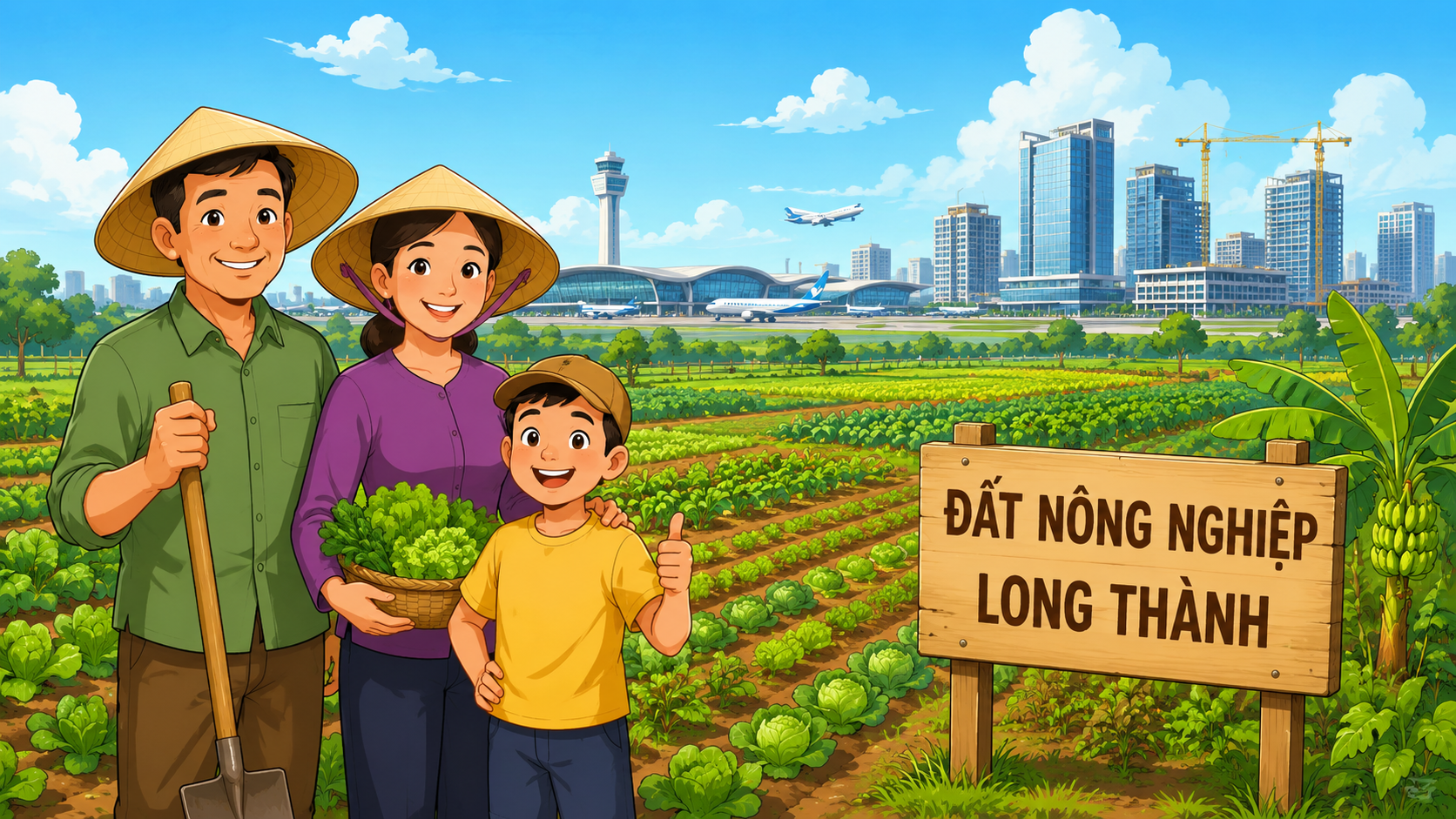 Gia đình nông dân trên thửa đất nông nghiệp Long Thành với sân bay và đô thị phía xa