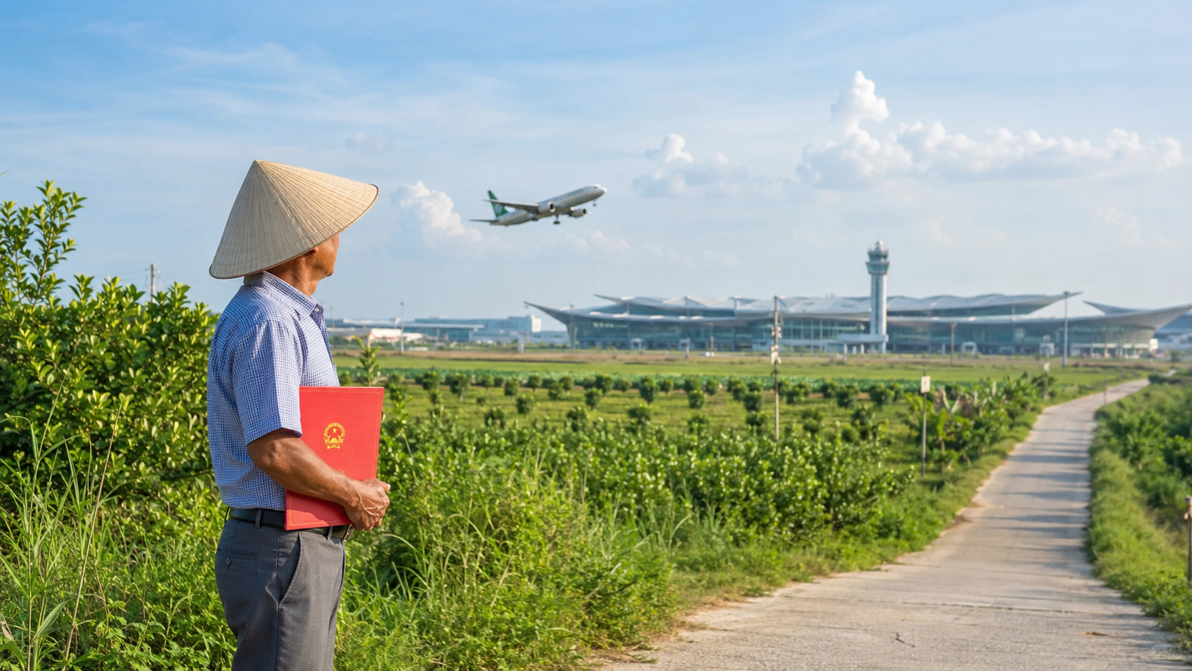 Người dân cầm sổ đỏ đứng trên thửa đất nông nghiệp gần sân bay Long Thành