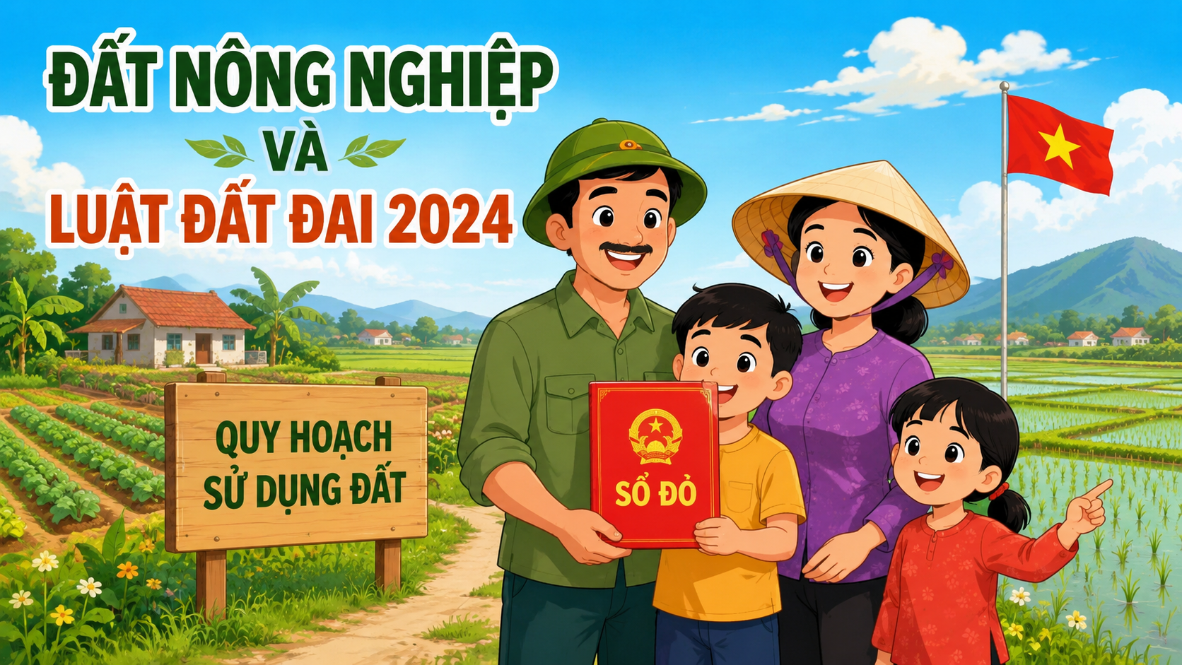 Gia đình nông dân cầm sổ đỏ đất nông nghiệp và biển quy hoạch sử dụng đất theo Luật Đất đai 2024