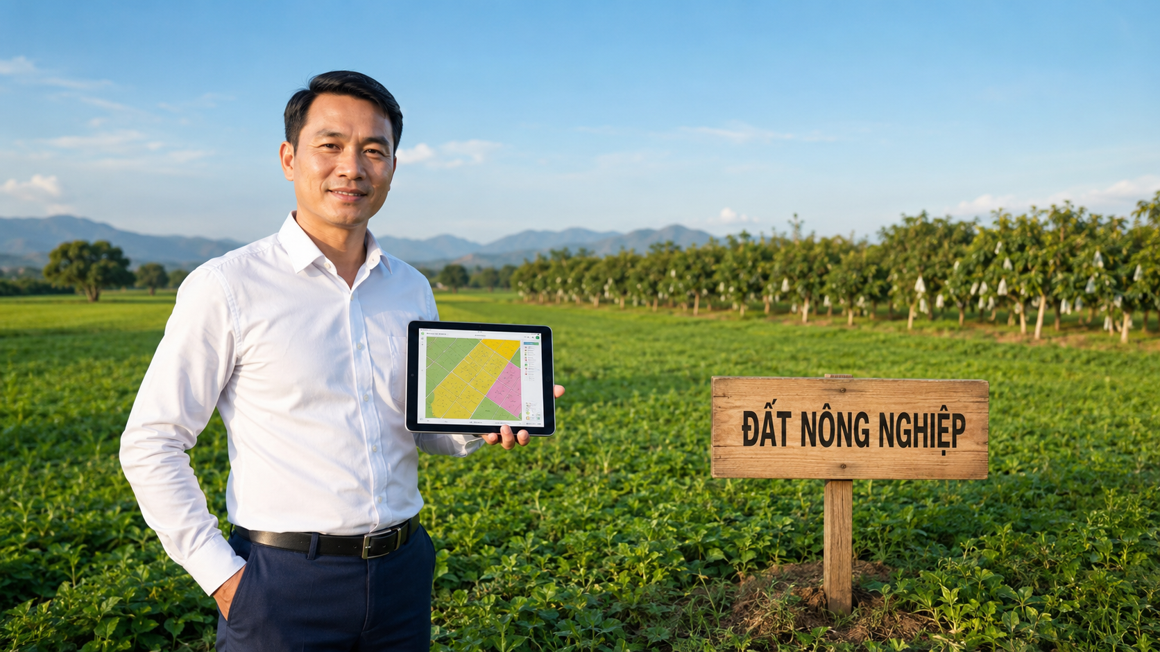 Môi giới đất nông nghiệp chuyên nghiệp tư vấn quy hoạch trên tablet bên biển đất nông nghiệp