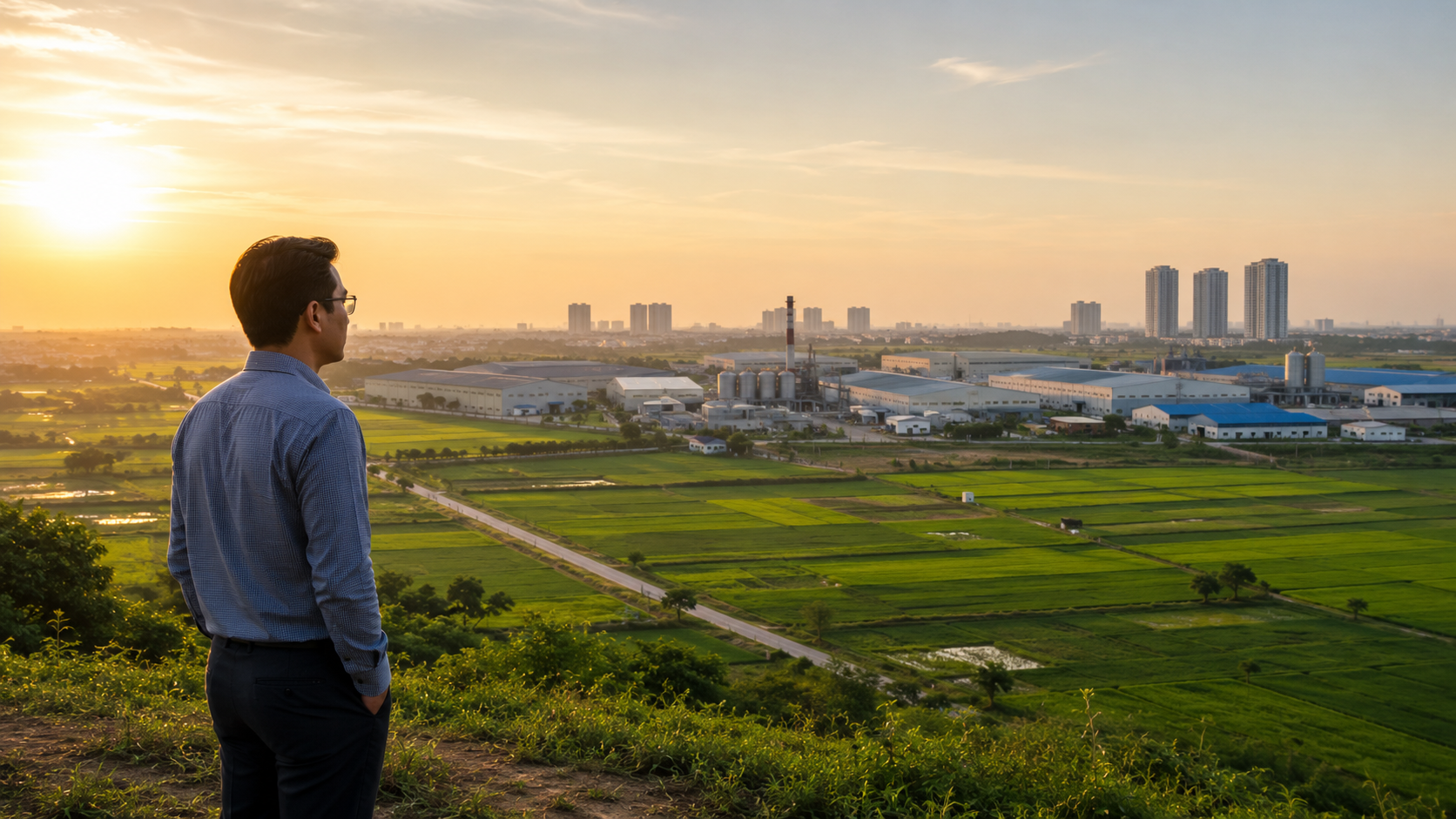 Nhà đầu tư nhìn ra khu đất nông nghiệp cạnh khu công nghiệp lúc bình minh
