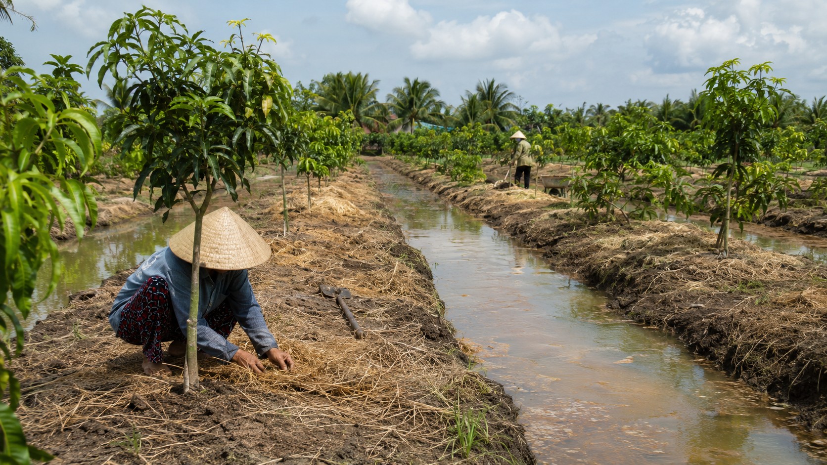 Đất nông nghiệp nhiễm phèn nặng với mương rãnh thoát nước và cây non trồng trên mô đất