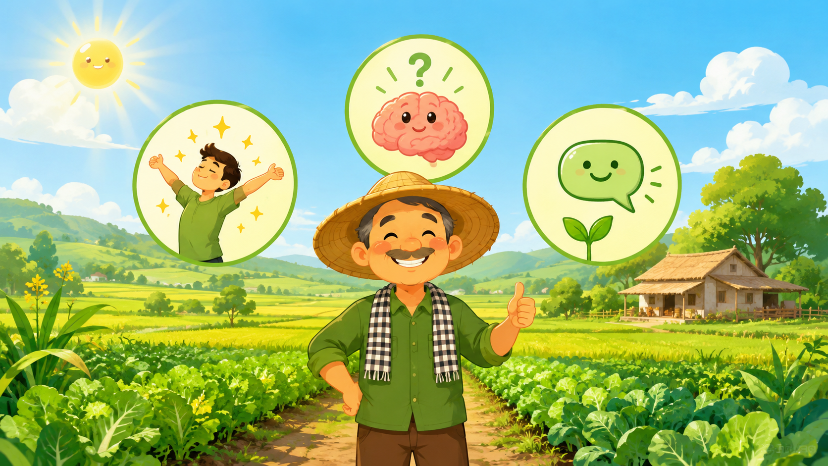 Minh họa 3 trụ cột quản trị cảm xúc trên đất nông nghiệp: cơ thể, tập trung và ngôn từ