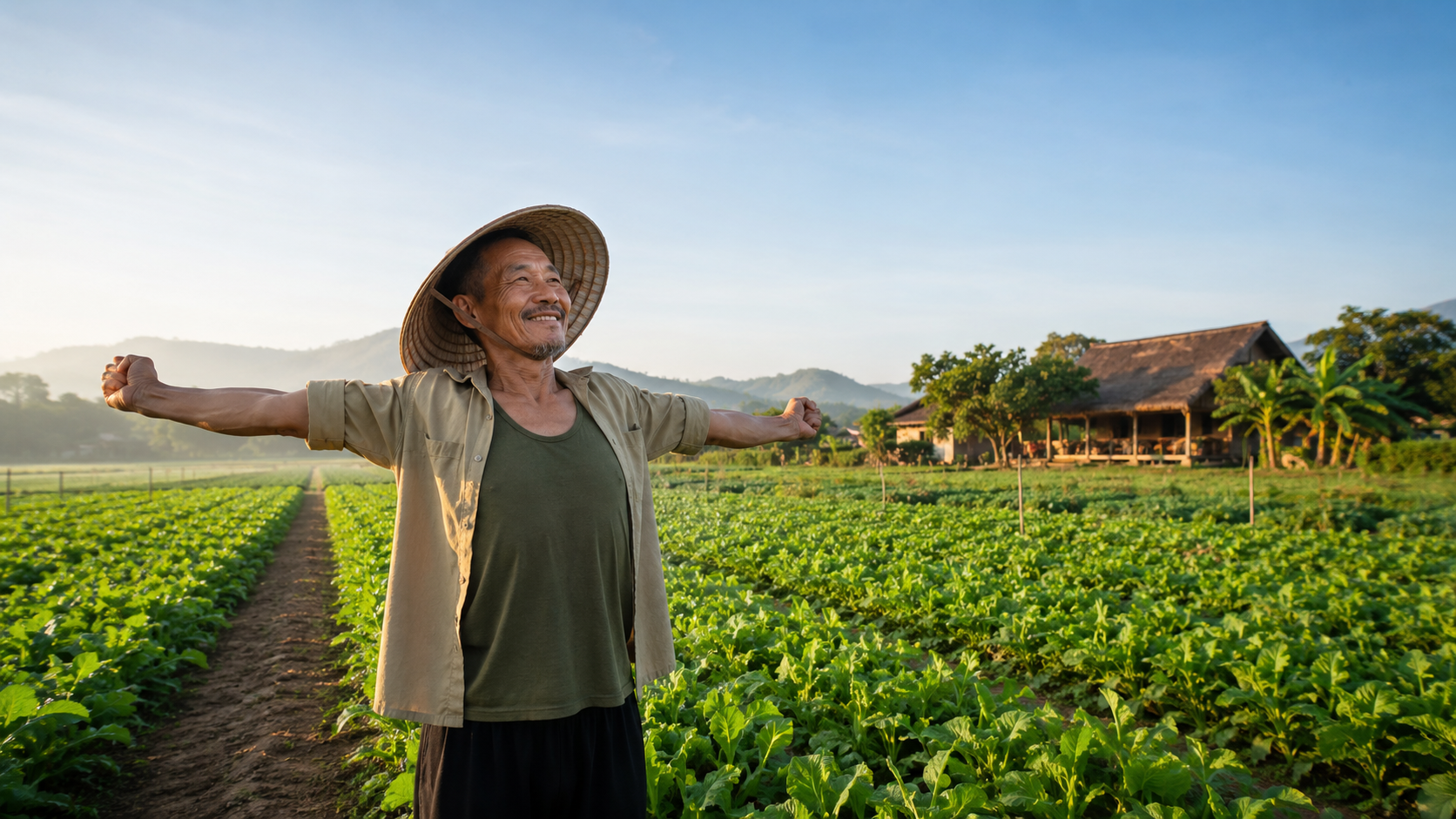 Người nông dân vươn vai mỉm cười trên đất nông nghiệp, quản trị cảm xúc tích cực