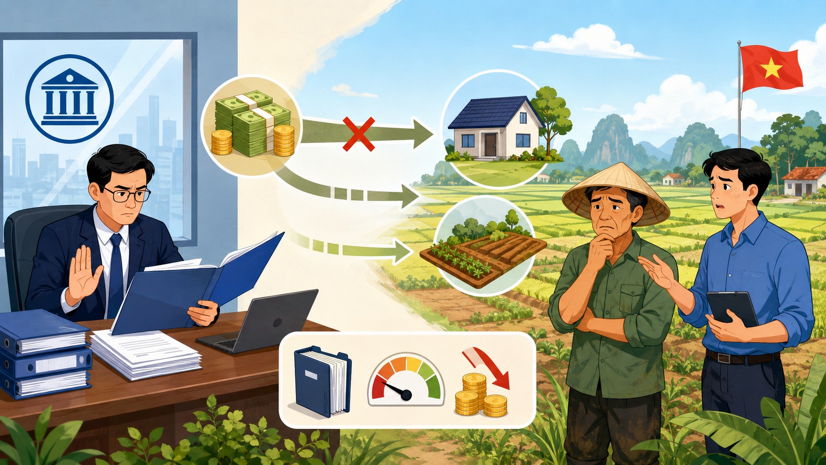Minh họa ngân hàng siết tín dụng chặn dòng vốn đổ vào nhà đất và đất nông nghiệp