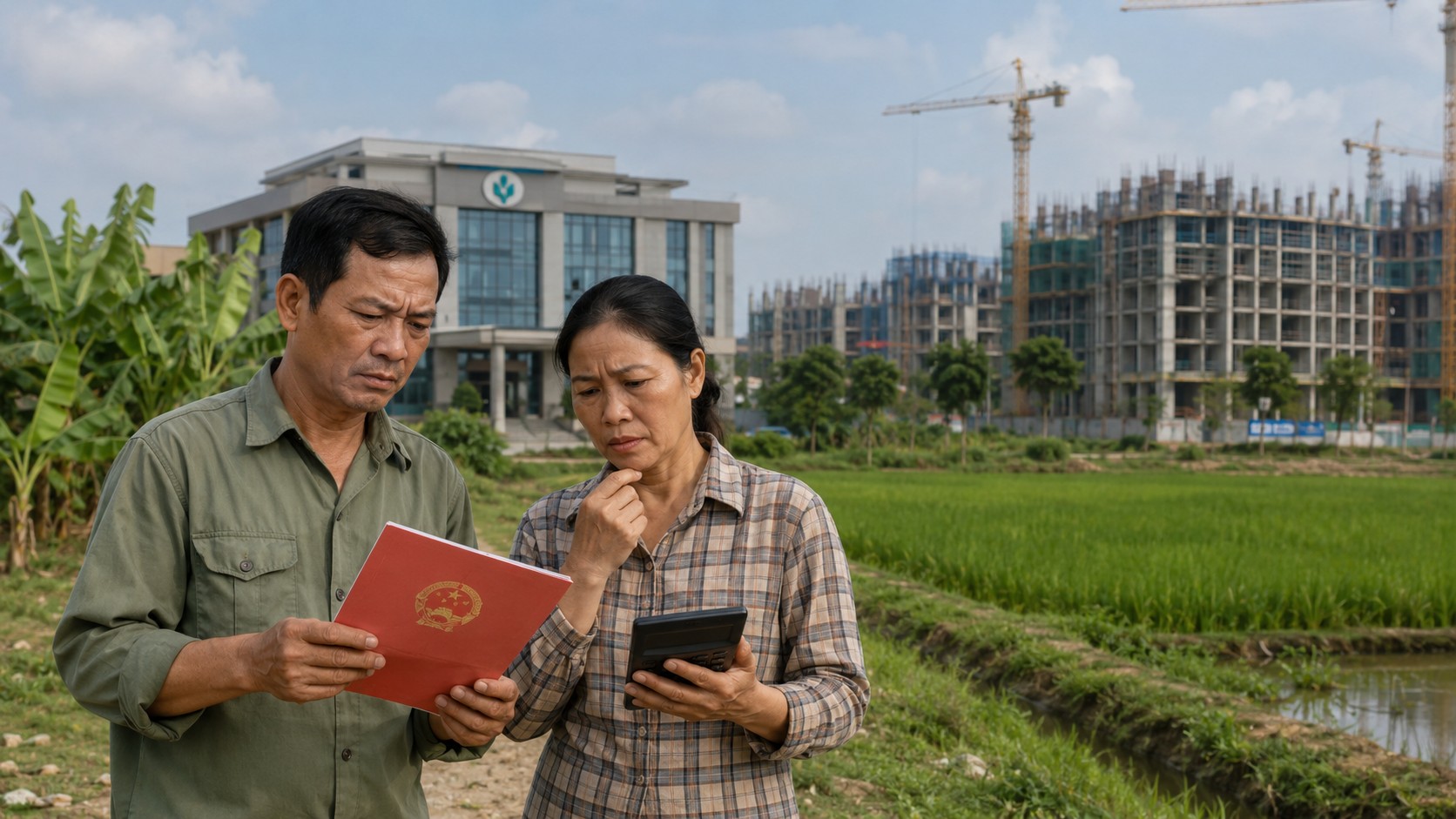 Vợ chồng nông dân lo lắng tính toán bên đất nông nghiệp khi ngân hàng siết tín dụng bất động sản
