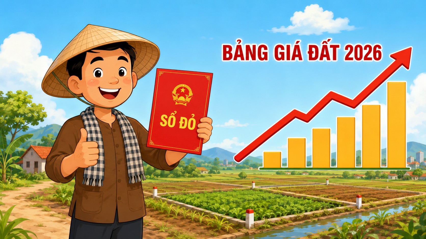 Bác nông dân cầm sổ đỏ đất nông nghiệp bên bảng giá đất 2026 tăng