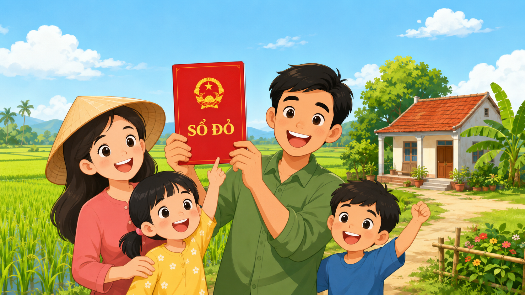 Gia đình vui mừng cầm sổ đỏ đất nông nghiệp được cấp theo Luật Đất đai 2024