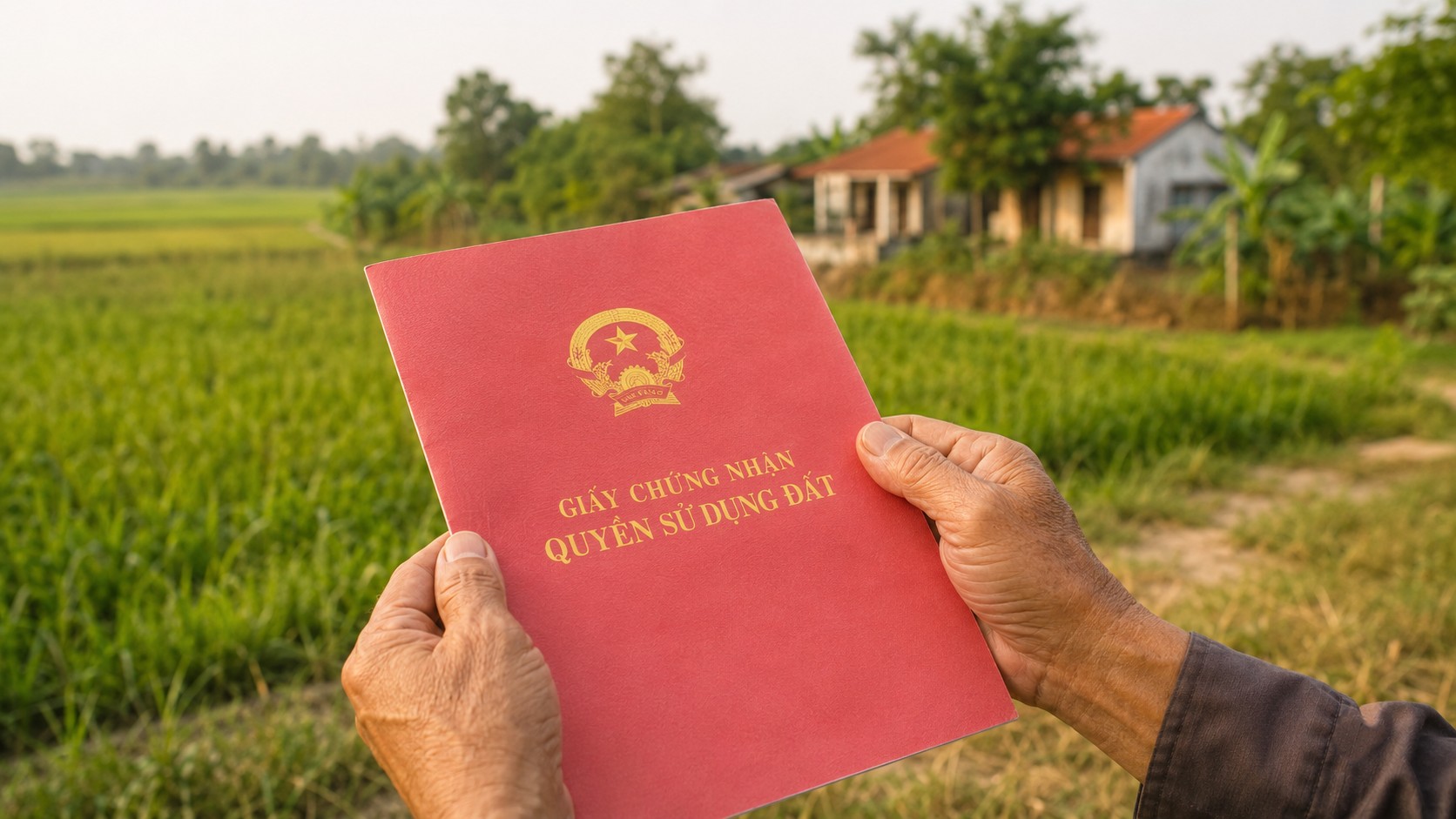 Người nông dân cầm sổ đỏ giấy chứng nhận quyền sử dụng đất nông nghiệp
