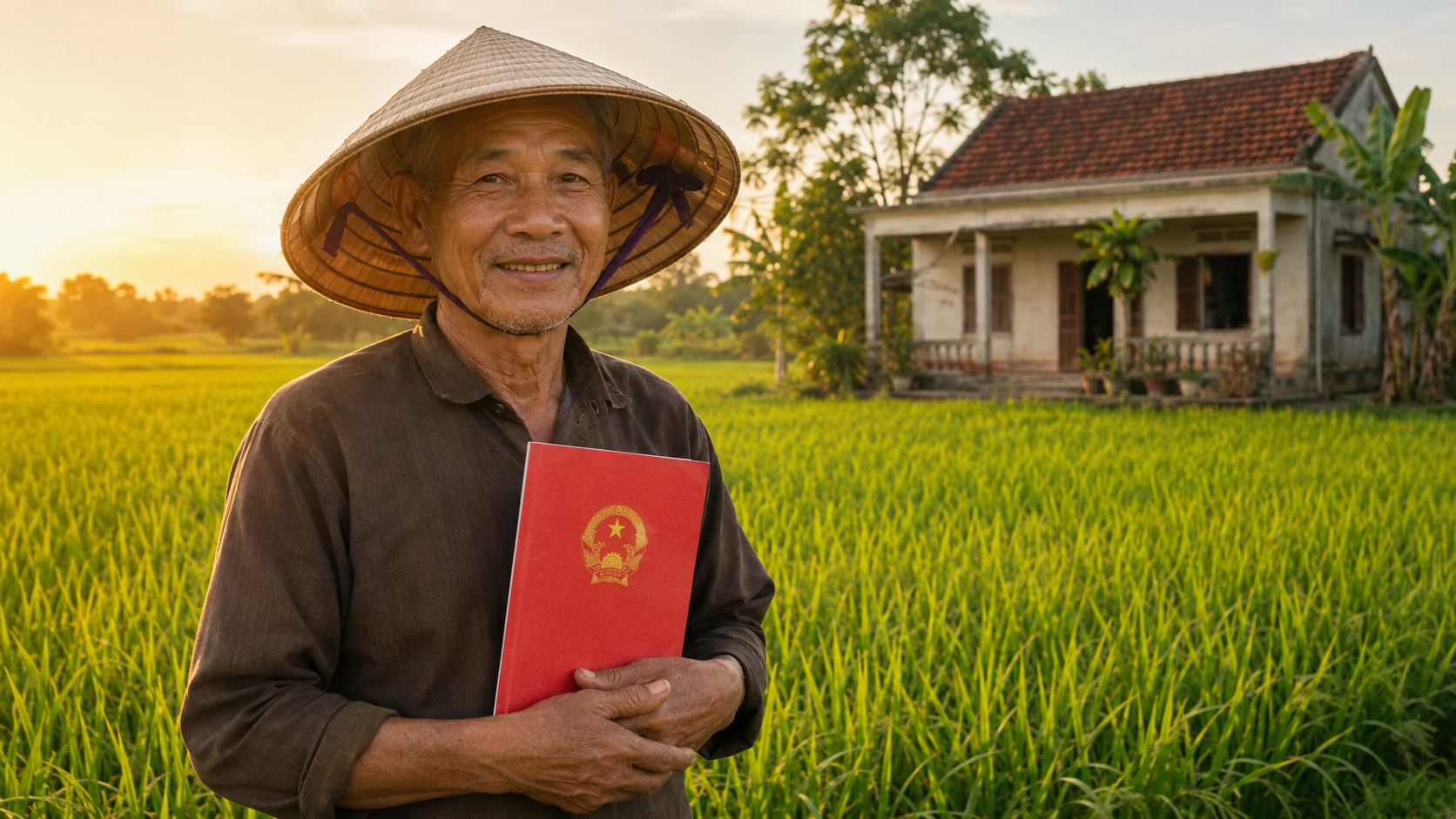 Bác nông dân cầm sổ đỏ đất nông nghiệp trên cánh đồng lúa theo Luật Đất đai 2024