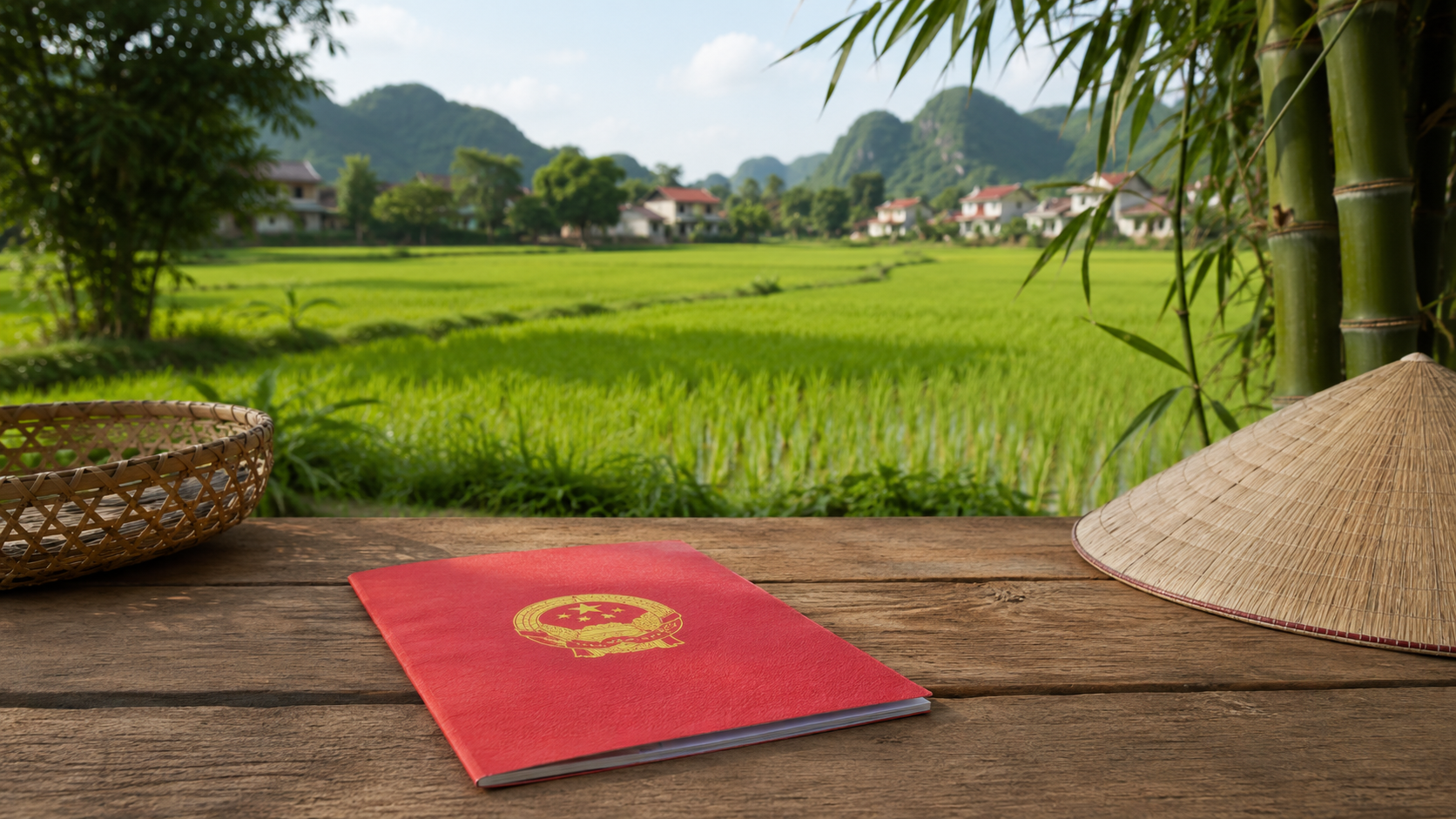 Đất nông nghiệp ruộng lúa xanh và cuốn Sổ đỏ đặt trên bàn gỗ