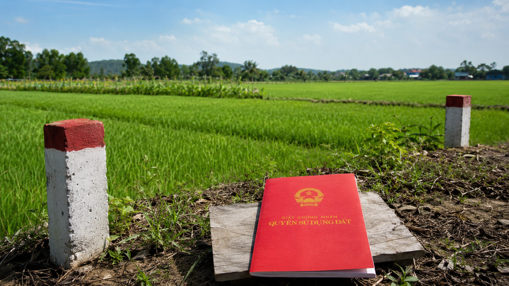 Thửa đất nông nghiệp có cọc mốc ranh giới và sổ đỏ giấy chứng nhận quyền sử dụng đất