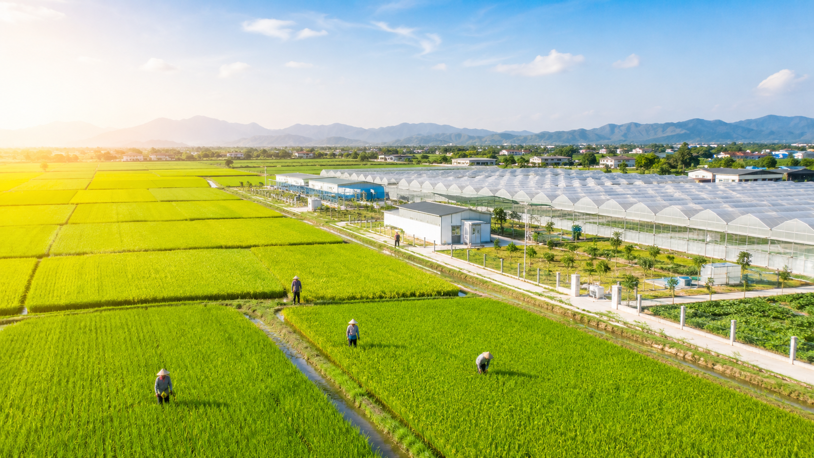 Toàn cảnh đất nông nghiệp Việt Nam với ruộng lúa xanh và khu nông nghiệp công nghệ cao