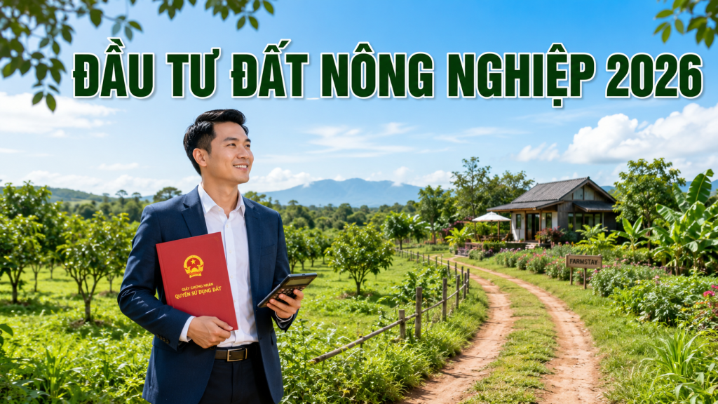 Đầu tư đất nông nghiệp 2026 - nhà đầu tư cầm sổ đỏ đứng giữa thửa đất và farmstay