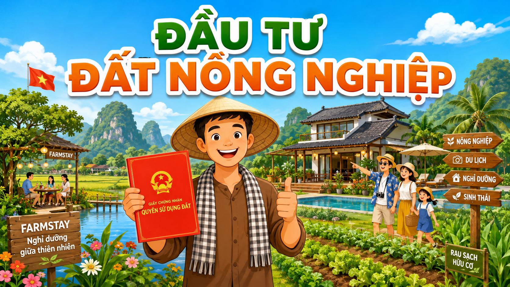 Hình hoạt hình đầu tư đất nông nghiệp làm farmstay cầm sổ đỏ