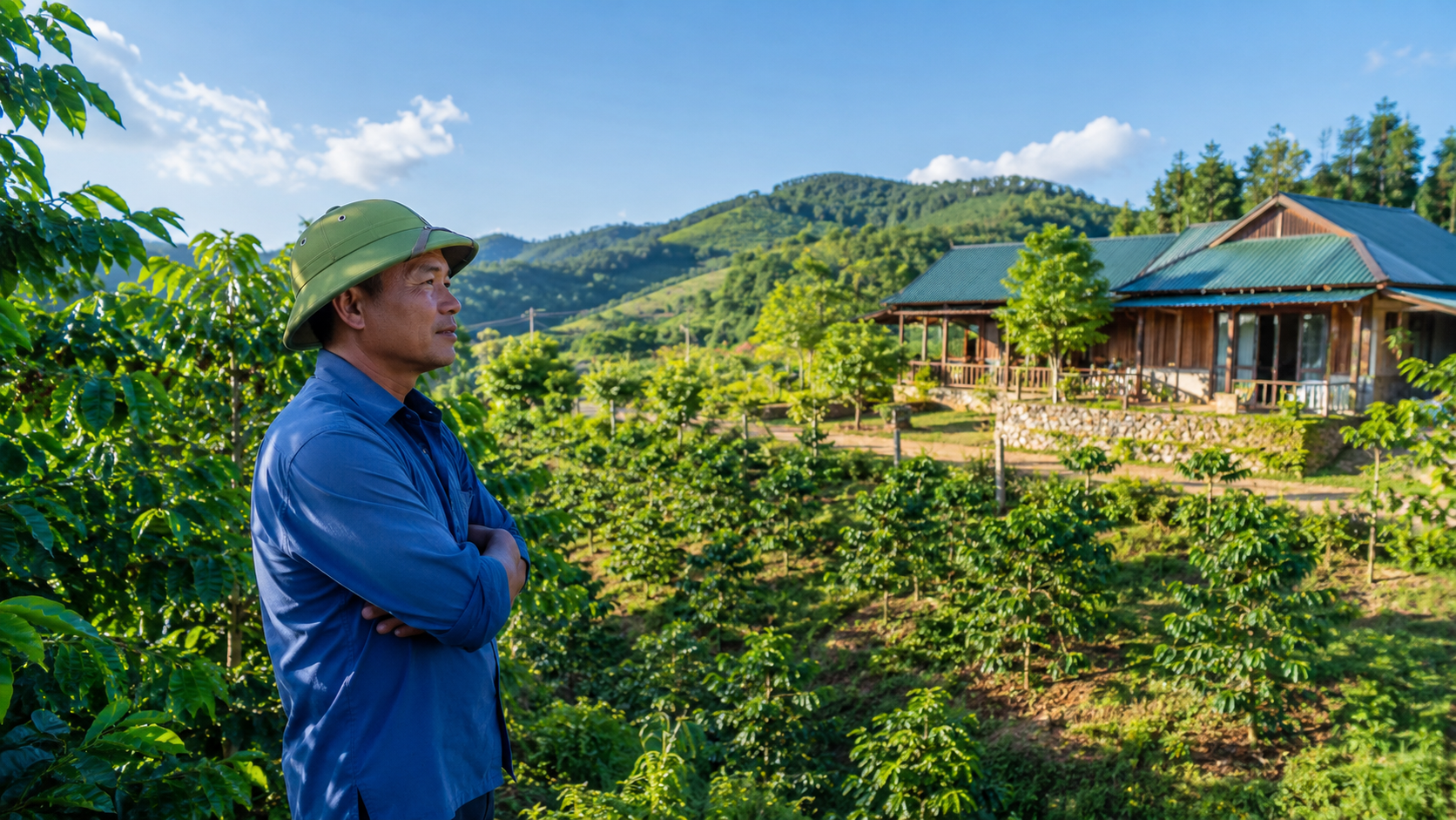 Nhà đầu tư đứng nhìn khu farmstay khi đầu tư đất nông nghiệp tại vùng đồi xanh tươi