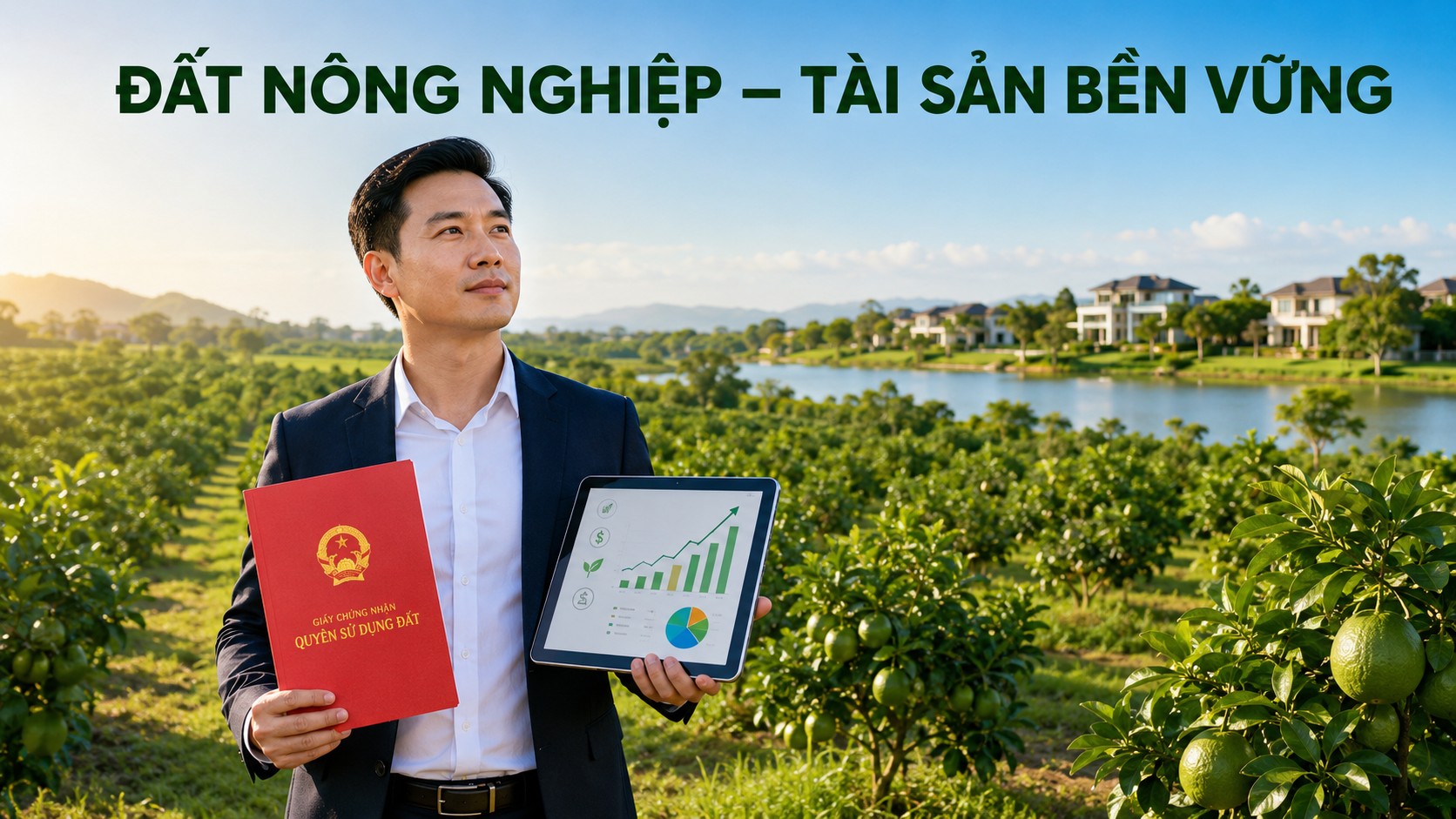 Doanh nhân cầm sổ đỏ giữa đất nông nghiệp - đất nông nghiệp là tài sản bền vững và dòng tiền