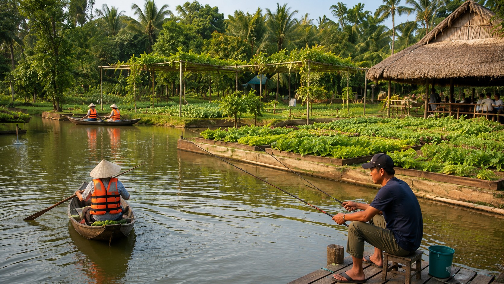 Du lịch sinh thái trên đất nông nghiệp với ao cá, vườn rau, chèo chuông