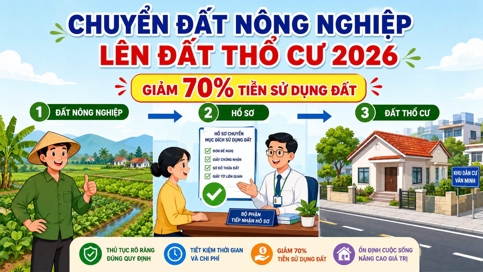 Infographic quy trình chuyển đất nông nghiệp lên đất thổ cư và các mức nộp tiền
