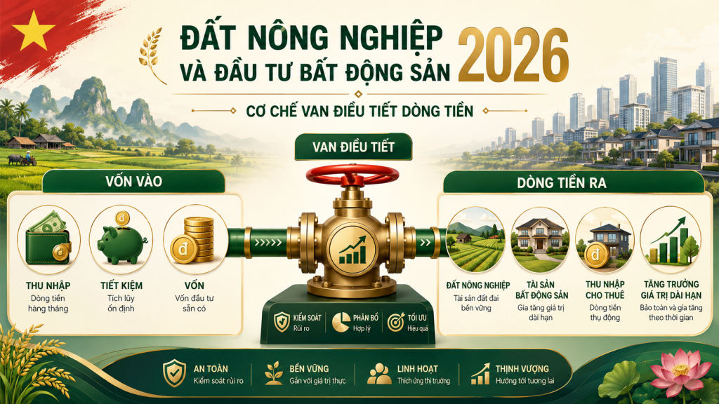 Infographic đất nông nghiệp và đầu tư bất động sản 2026: cơ chế van điều tiết dòng tiền