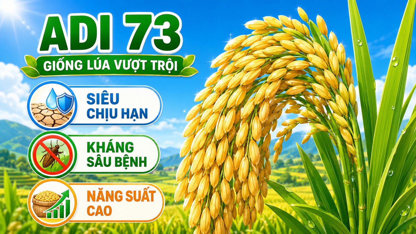 Infographic giống lúa ADI 73 cho đất nông nghiệp: chịu hạn, kháng sâu bệnh, năng suất cao