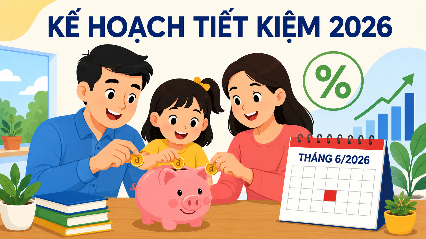 Gia đình lập kế hoạch tiết kiệm 2026 bỏ tiền vào heo đất