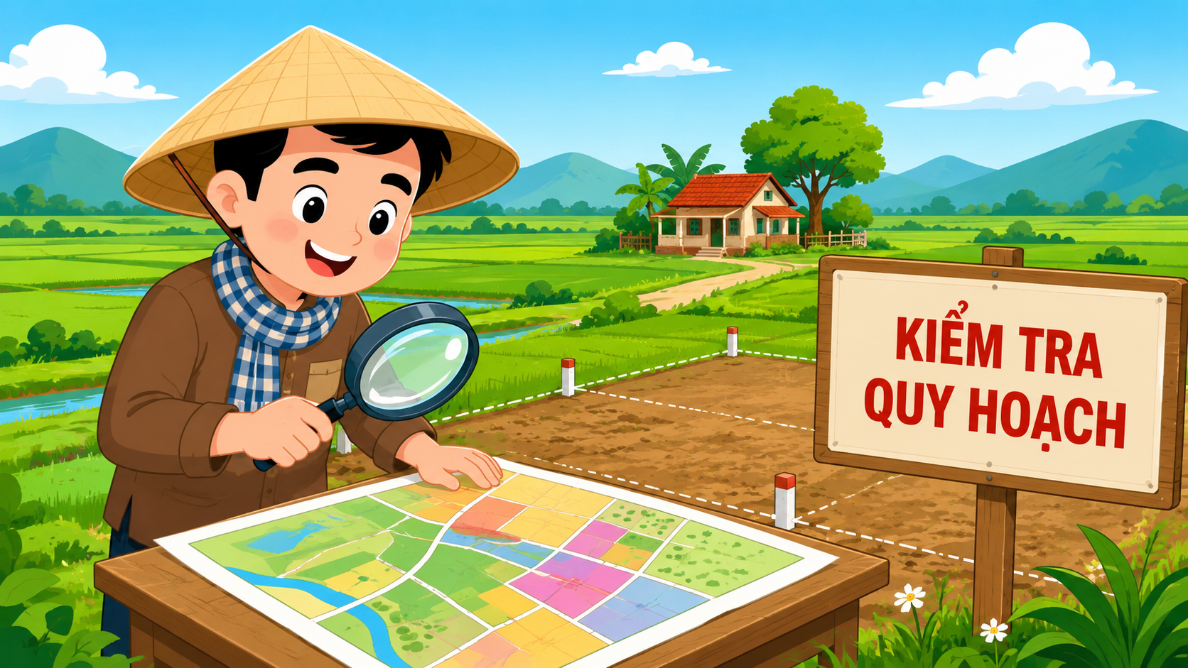 Nông dân kiểm tra quy hoạch thửa đất bằng kính lúp