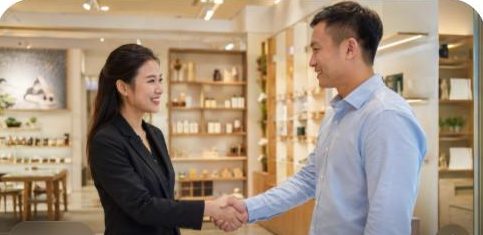 Kỹ năng thuyết phục khách hàng thể hiện qua cái bắt tay tin tưởng giữa người bán và khách hàng