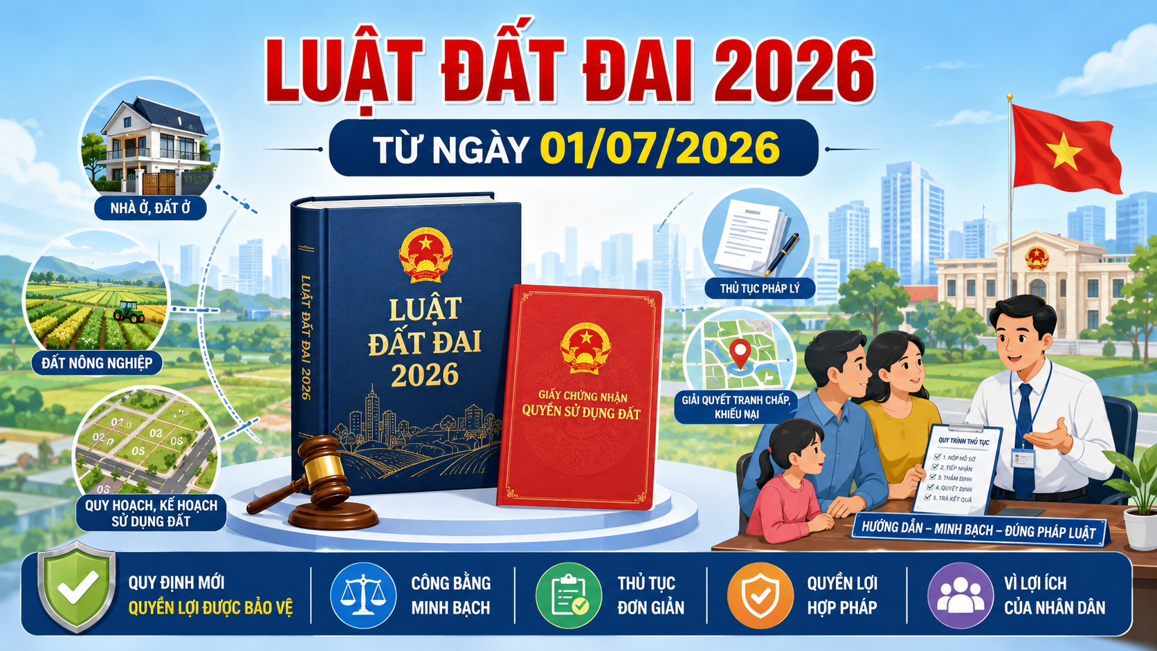 Infographic 5 thay đổi luật đất đai 2026: bỏ khung giá đất, cấp sổ đỏ, bồi thường, đất nông nghiệp, số hóa