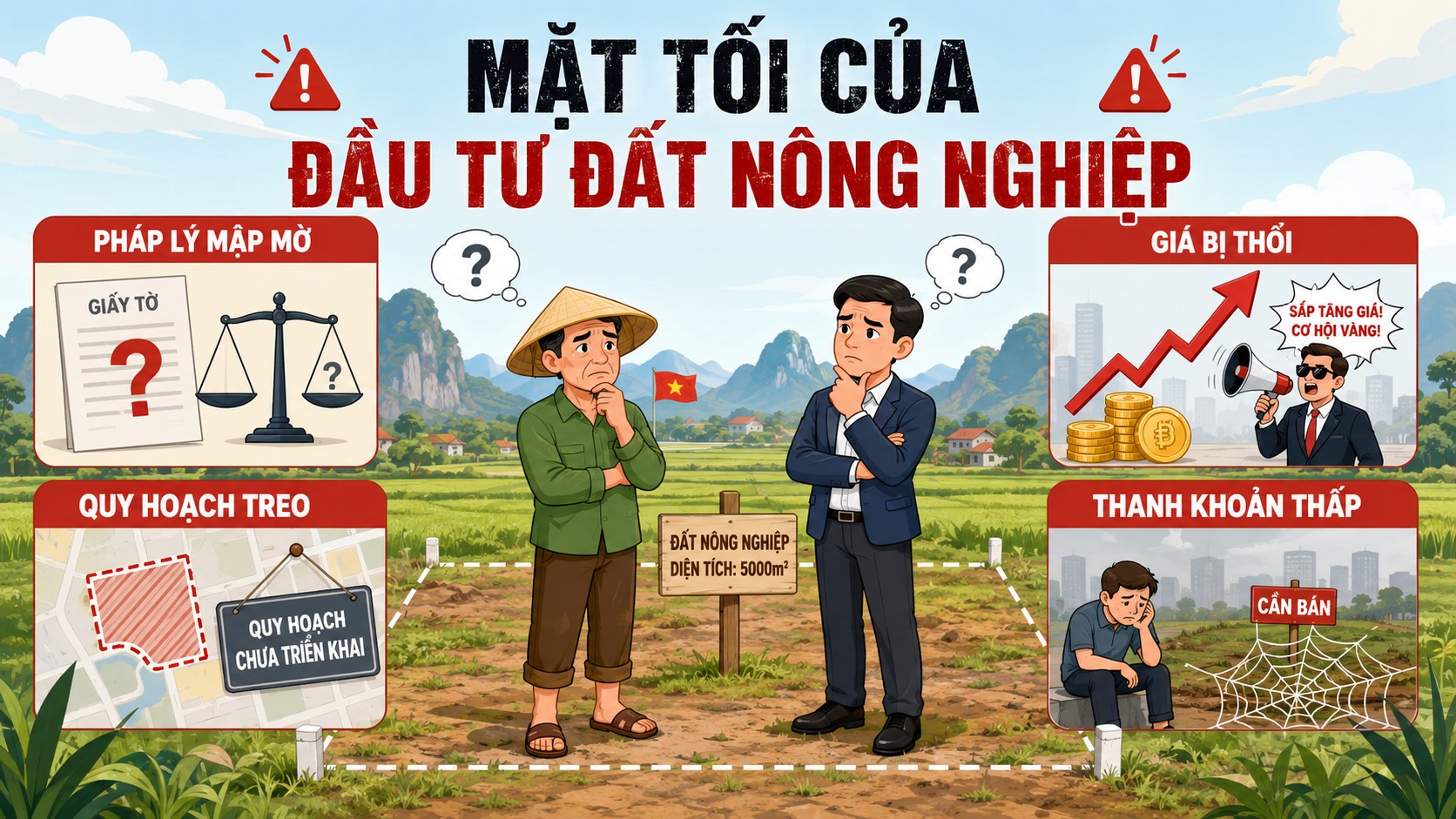 Infographic mặt tối của đầu tư đất nông nghiệp: pháp lý mập mờ, quy hoạch treo, giá bị thổi, thanh khoản thấp