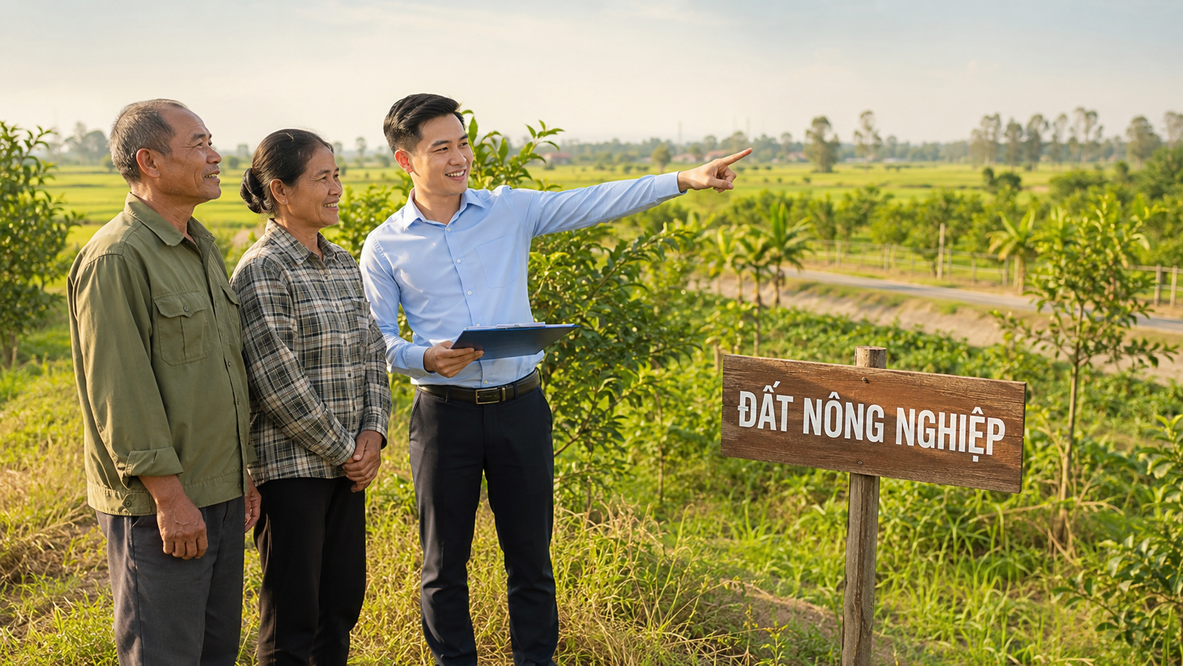 Môi giới đất nông nghiệp tư vấn cho khách hàng tại thửa đất ở vùng quê Việt Nam