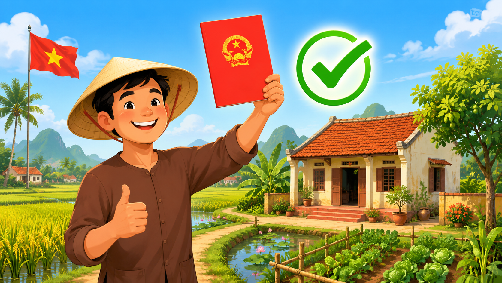 Tranh hoạt hình nông dân vui mừng giơ cao sổ đỏ bên ngôi nhà và mảnh ruộng được nhà nước công nhận