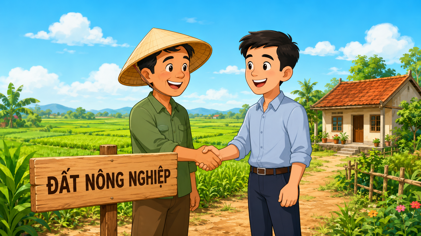 Nông dân và người mua bắt tay giao dịch mua bán đất nông nghiệp