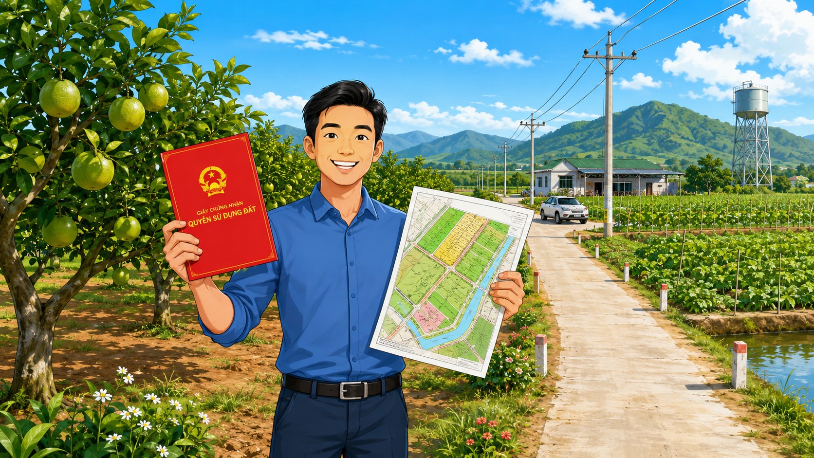 Nhà đầu tư cầm sổ đỏ và bản đồ quy hoạch trên mảnh đất nông nghiệp