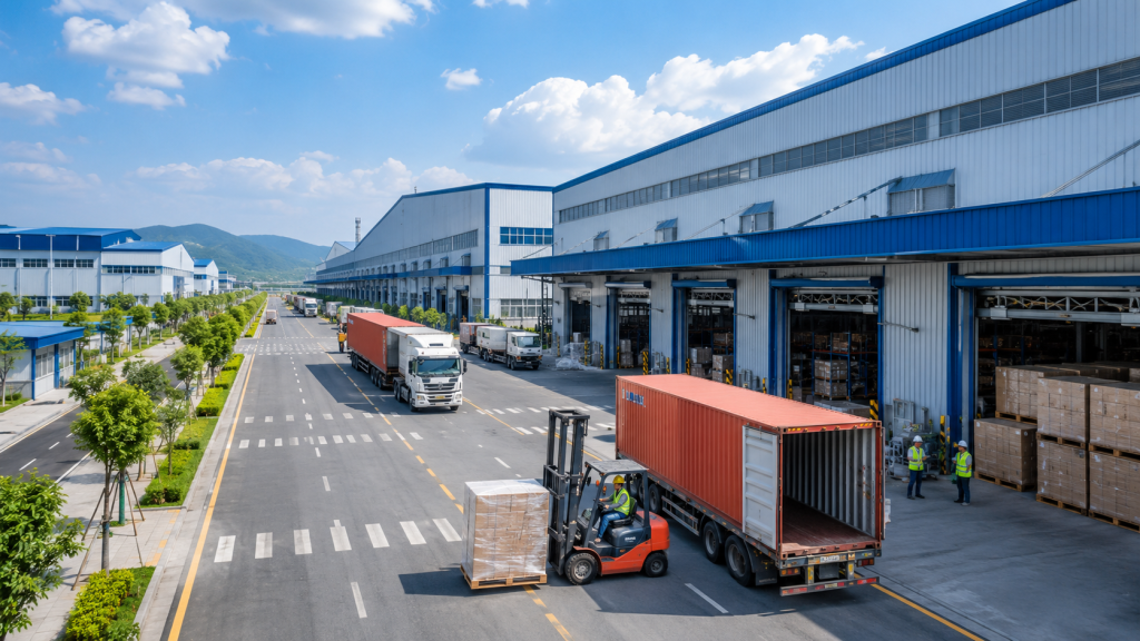 Nhà xưởng xây sẵn trong khu công nghiệp, xe nâng bốc hàng container minh họa bất động sản công nghiệp