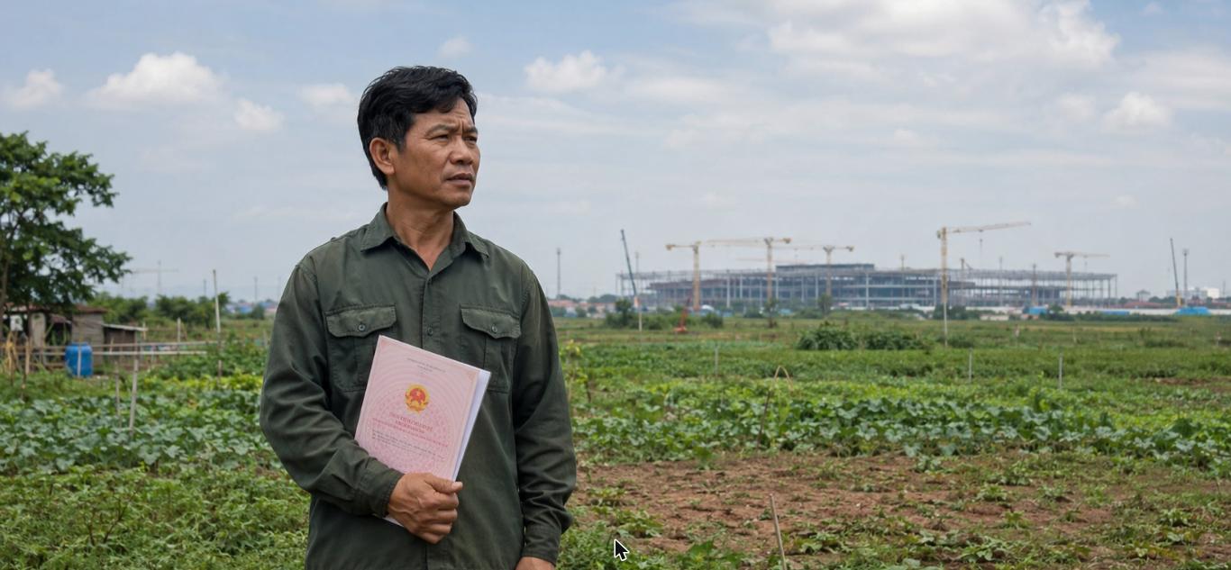 Nông dân cầm sổ đỏ đứng trên thửa đất nông nghiệp đã được cấp giấy chứng nhận