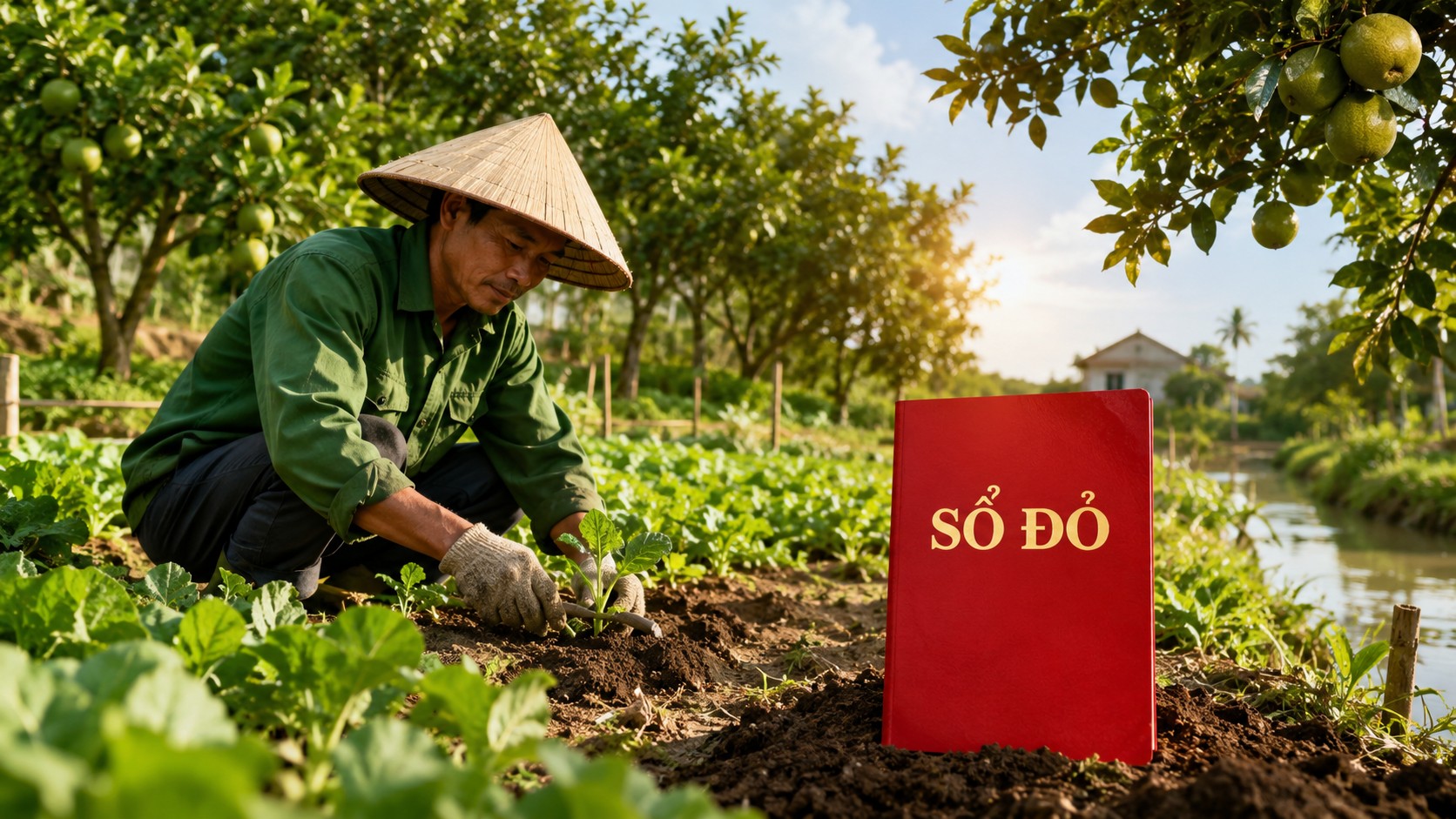 Người nông dân chăm sóc cây ăn trái bên cuốn sổ đỏ trên mảnh đất nông nghiệp